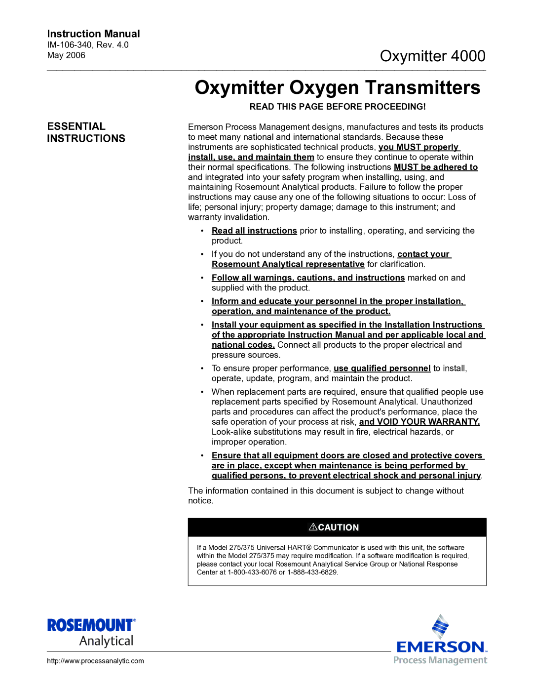 Emerson Process Management IM-106-340 instruction manual Oxymitter Oxygen Transmitters, Essential Instructions 