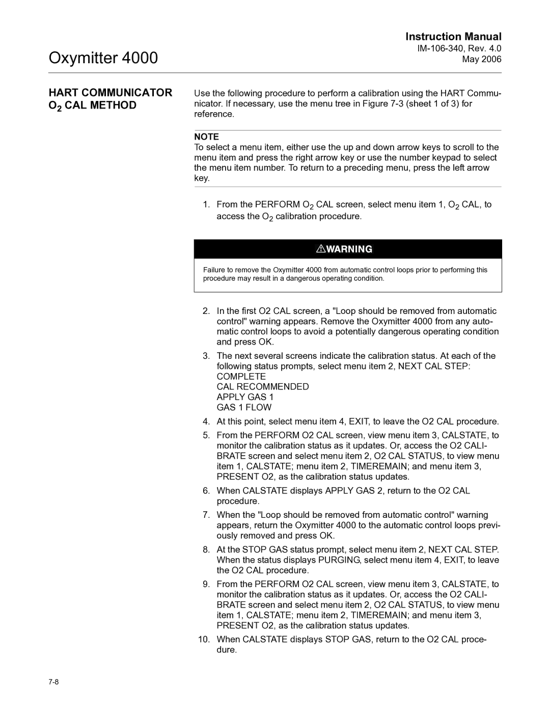 Emerson Process Management IM-106-340 Hart Communicator O2 CAL Method, Complete CAL Recommended Apply GAS GAS 1 Flow 