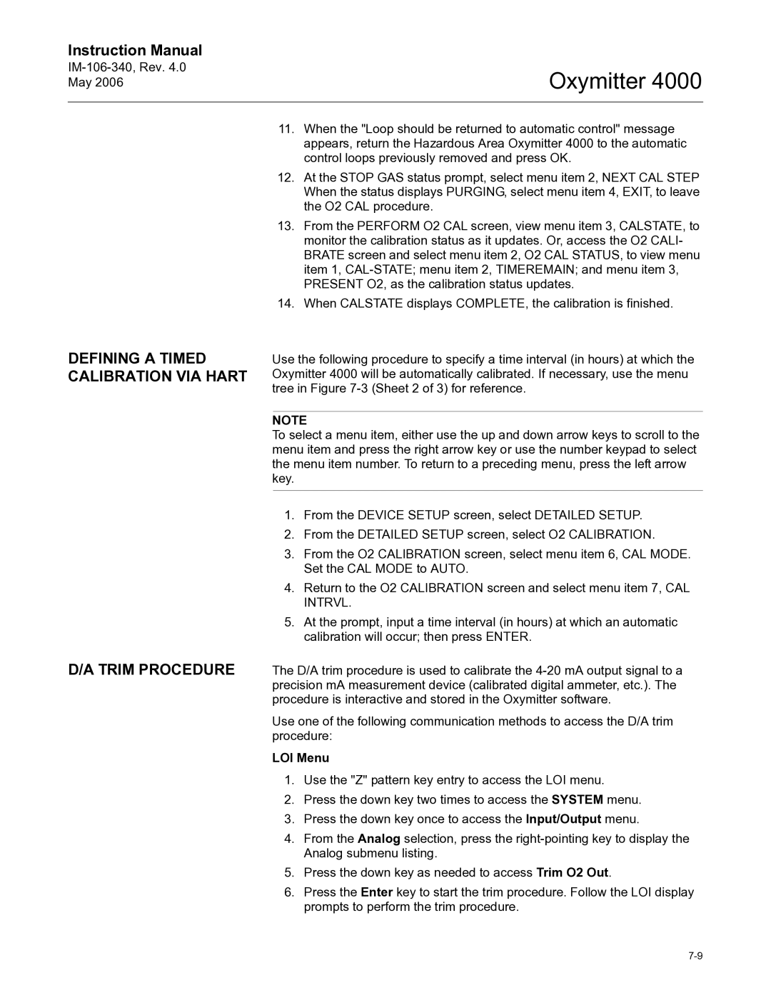 Emerson Process Management IM-106-340 instruction manual Defining a Timed Calibration VIA Hart Trim Procedure, LOI Menu 