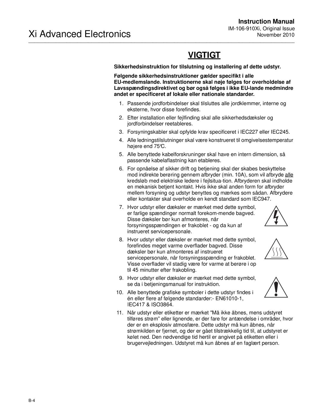 Emerson Process Management IM-106-910Xi Vigtigt, Andet er specificeret af lokale eller nationale standarder 