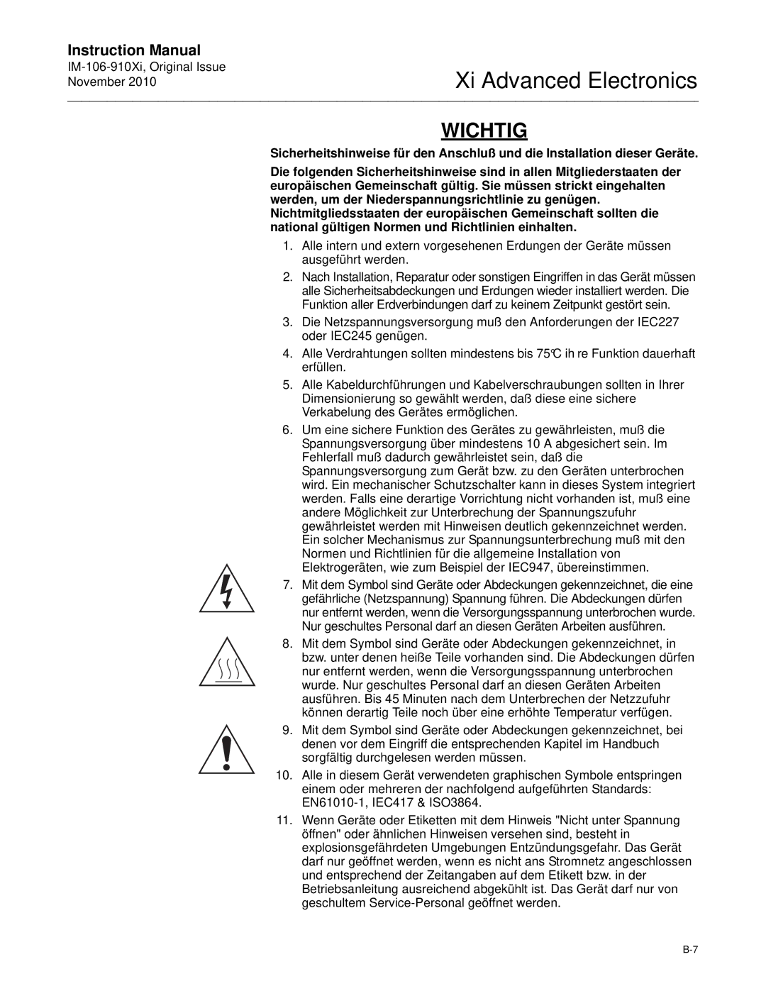 Emerson Process Management IM-106-910Xi instruction manual Wichtig 