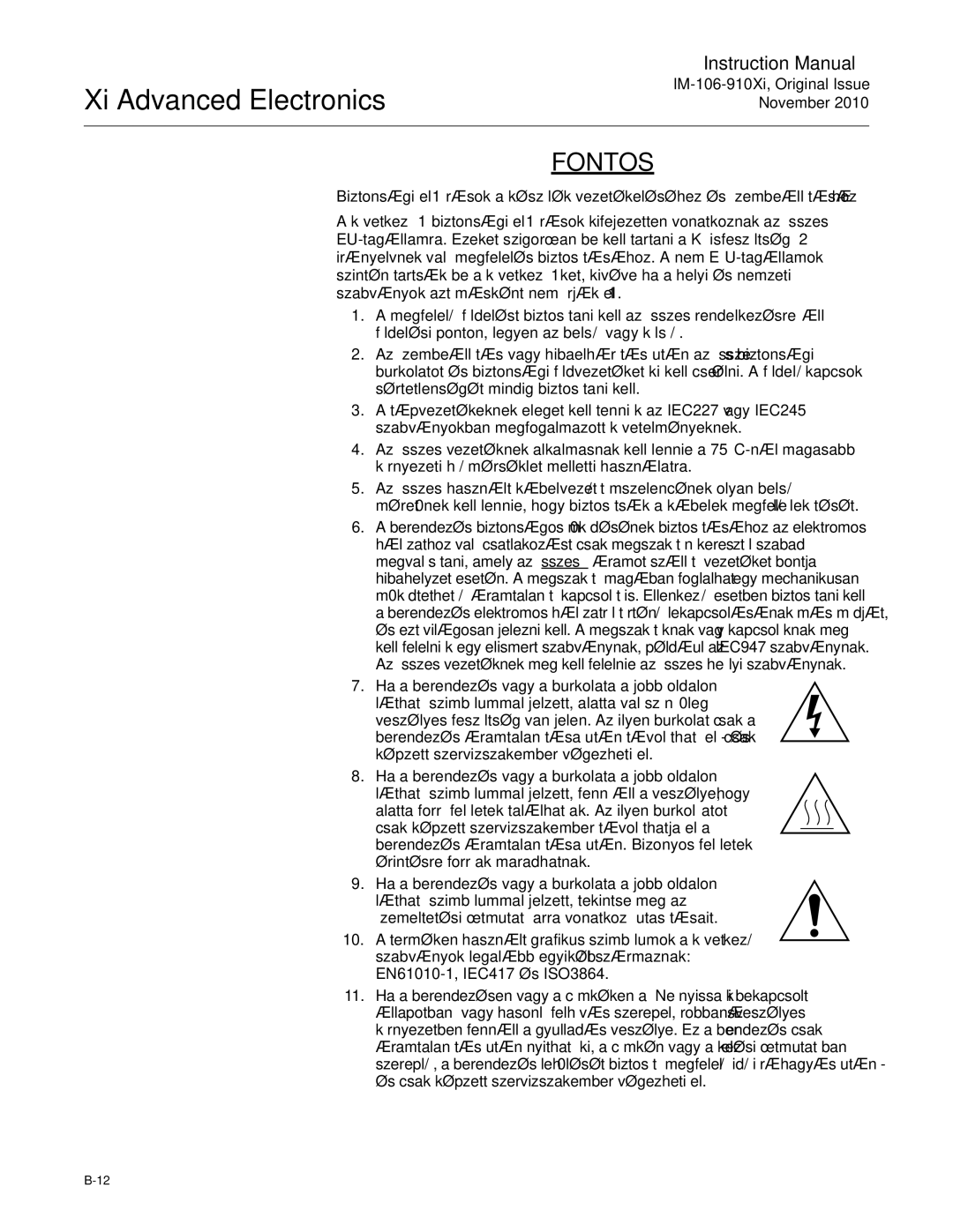 Emerson Process Management IM-106-910Xi instruction manual Fontos 