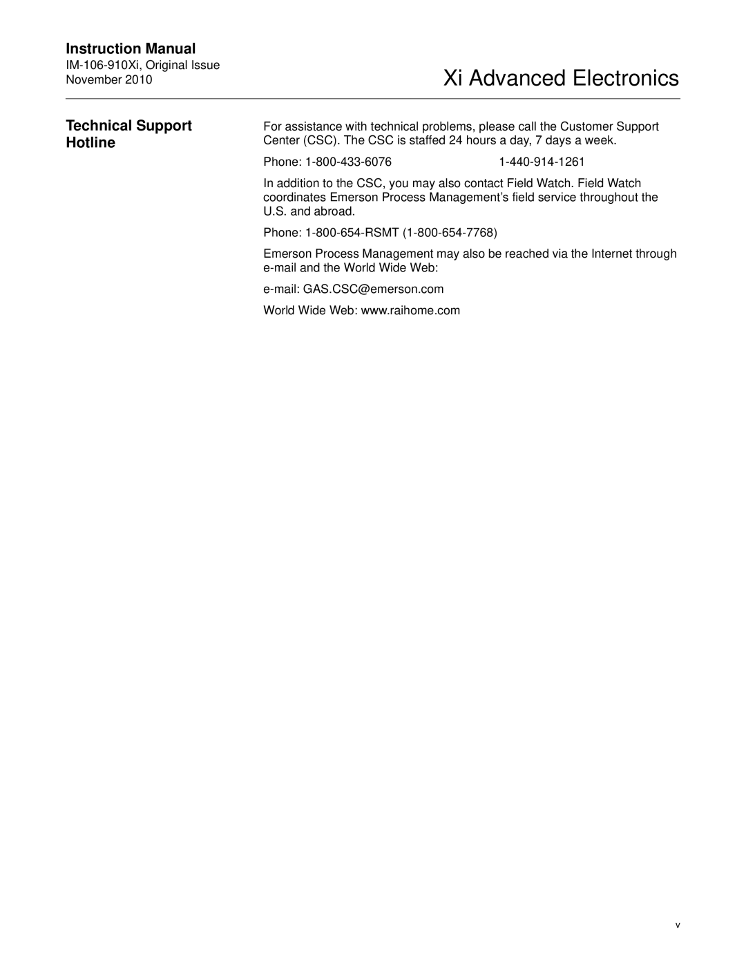 Emerson Process Management IM-106-910Xi instruction manual Technical Support Hotline 