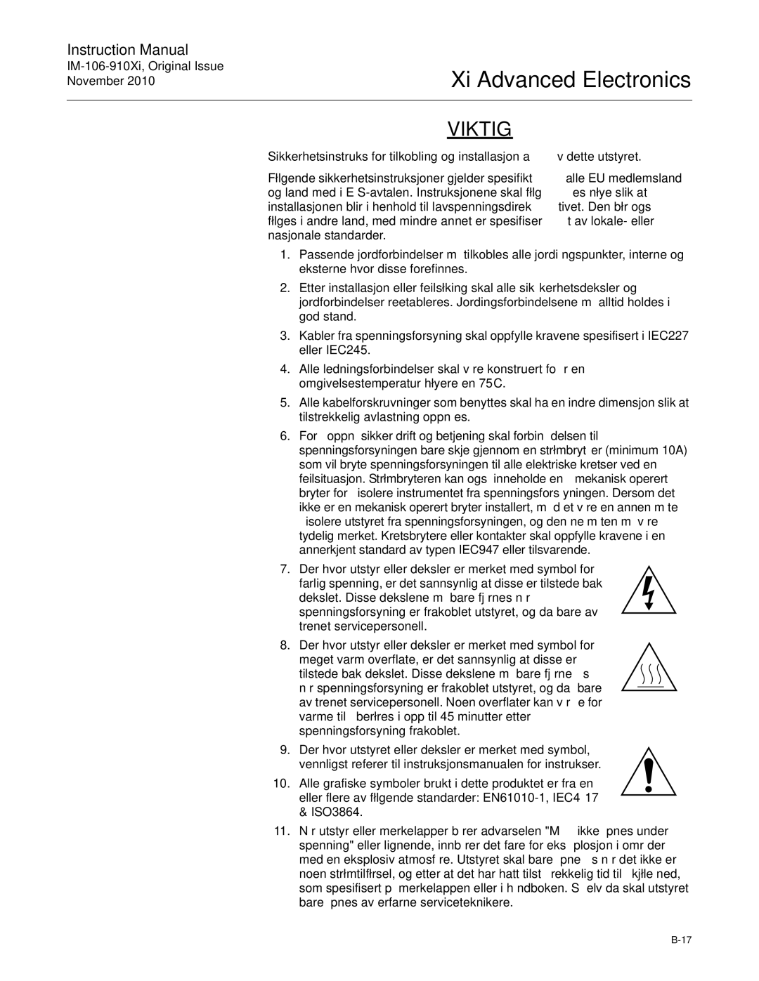 Emerson Process Management IM-106-910Xi instruction manual Viktig 