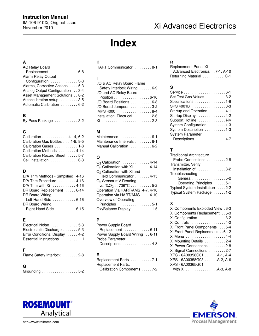 Emerson Process Management IM-106-910Xi instruction manual Index 