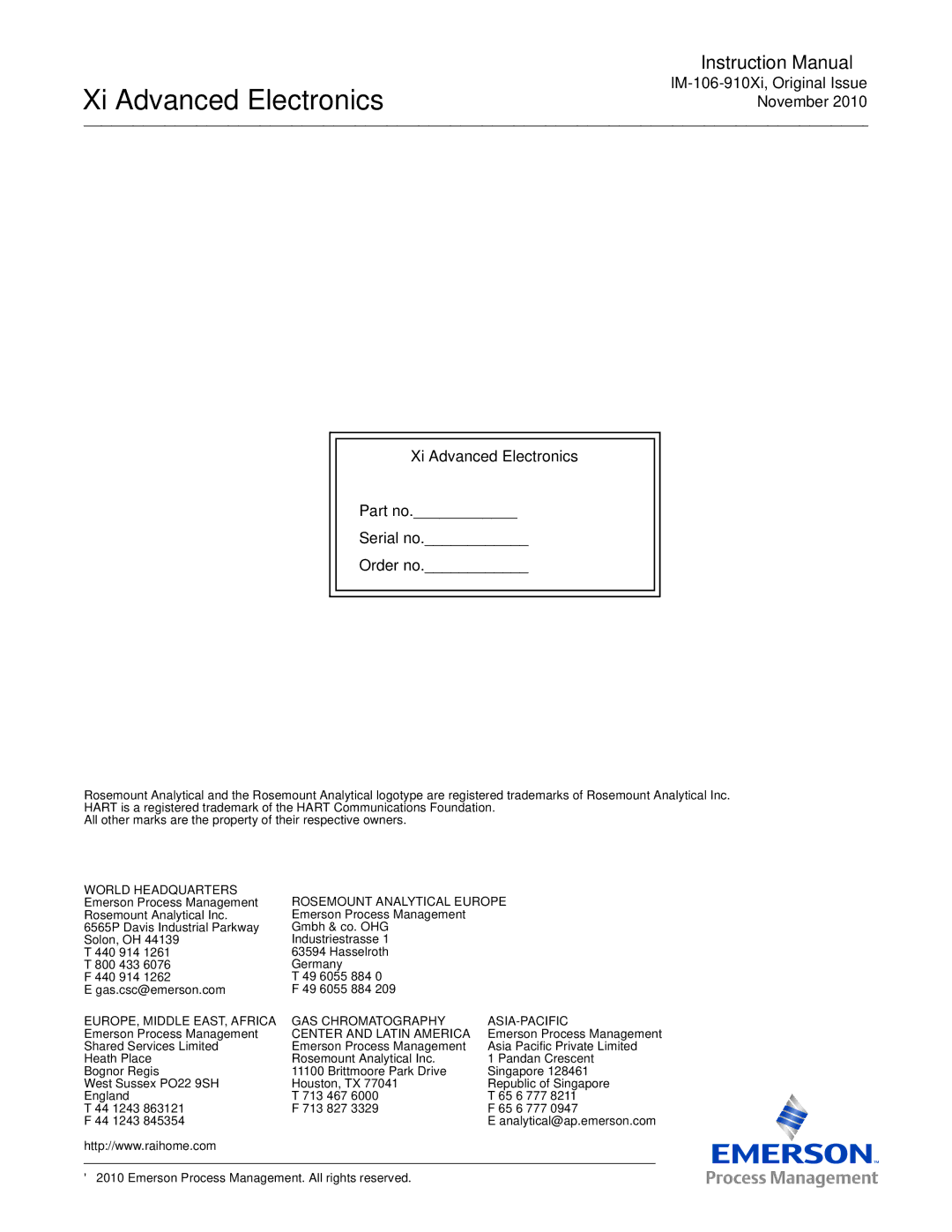 Emerson Process Management IM-106-910Xi instruction manual EUROPE, Middle EAST, Africa GAS Chromatography ASIA-PACIFIC 