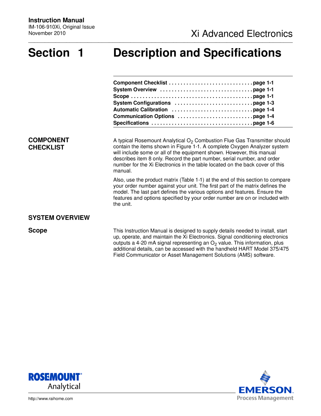 Emerson Process Management IM-106-910Xi Description and Specifications, Component Checklist System Overview, Scope 