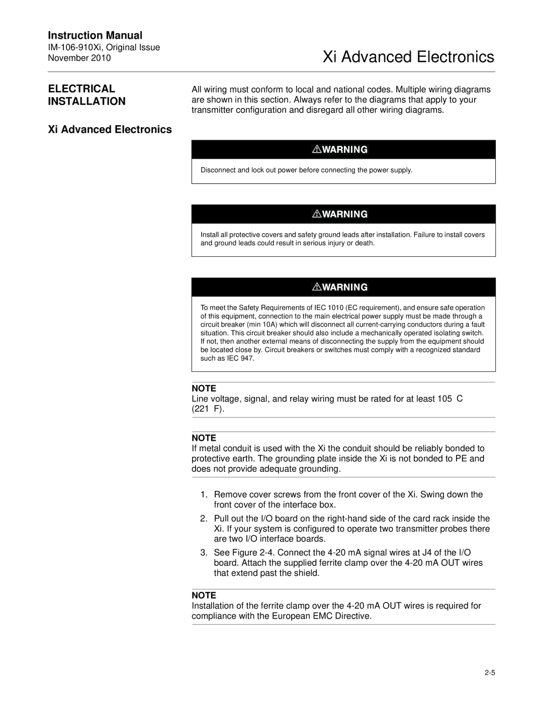 Emerson Process Management IM-106-910Xi instruction manual Electrical Installation, Xi Advanced Electronics 