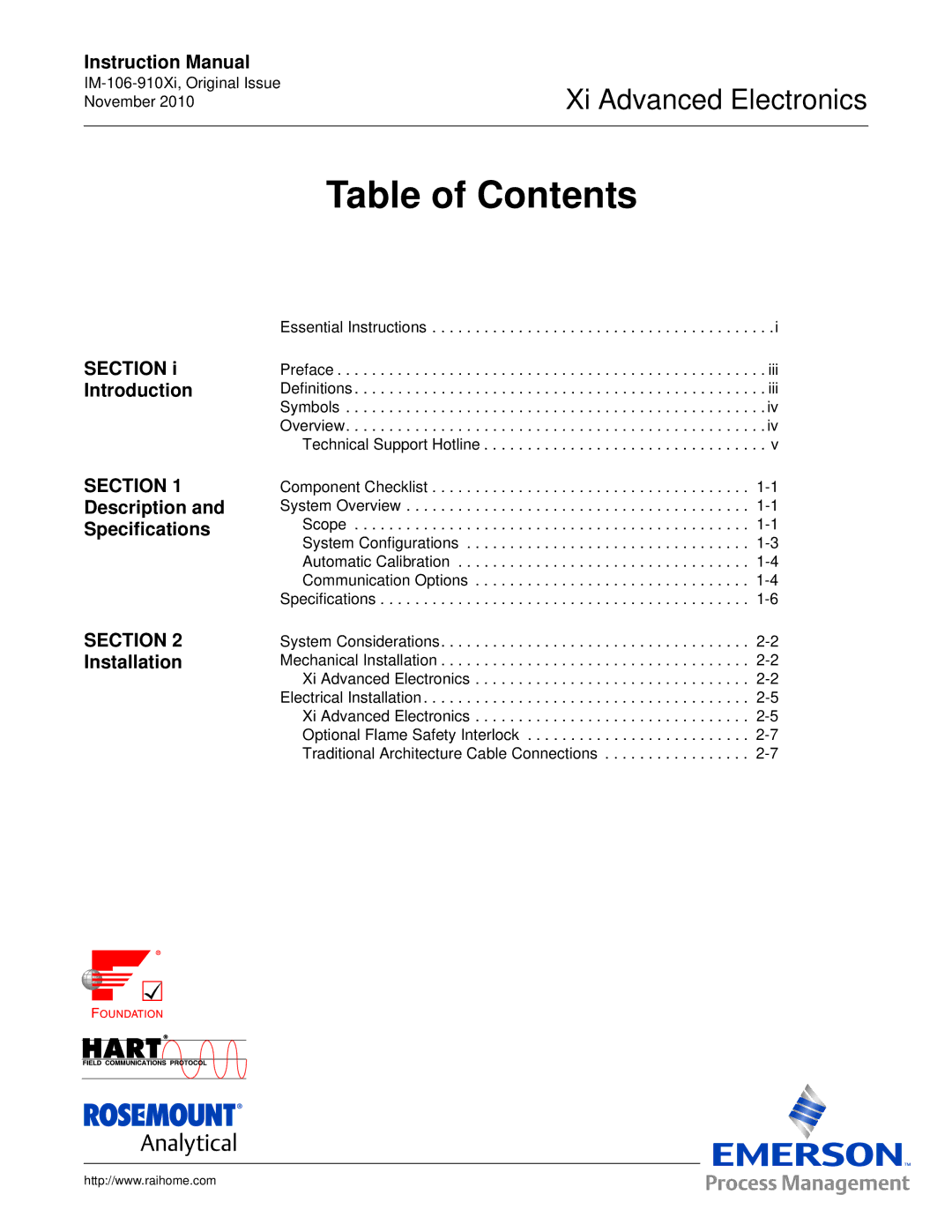 Emerson Process Management IM-106-910Xi instruction manual Table of Contents 