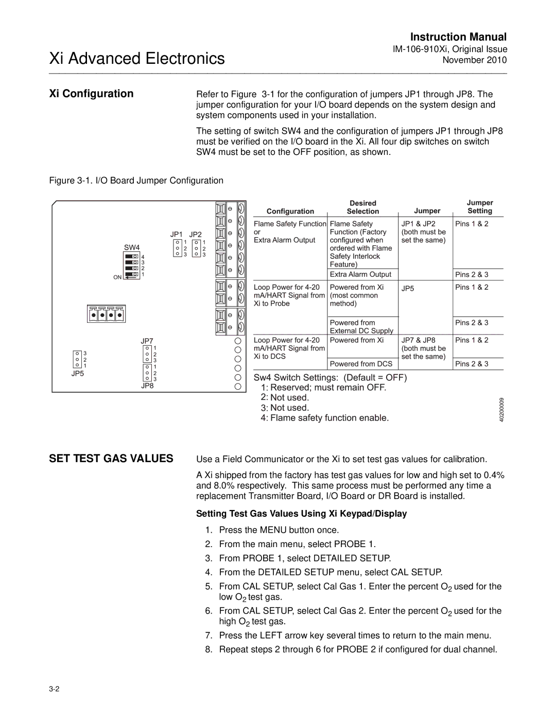 Emerson Process Management IM-106-910Xi instruction manual Xi Configuration, SET Test GAS Values 