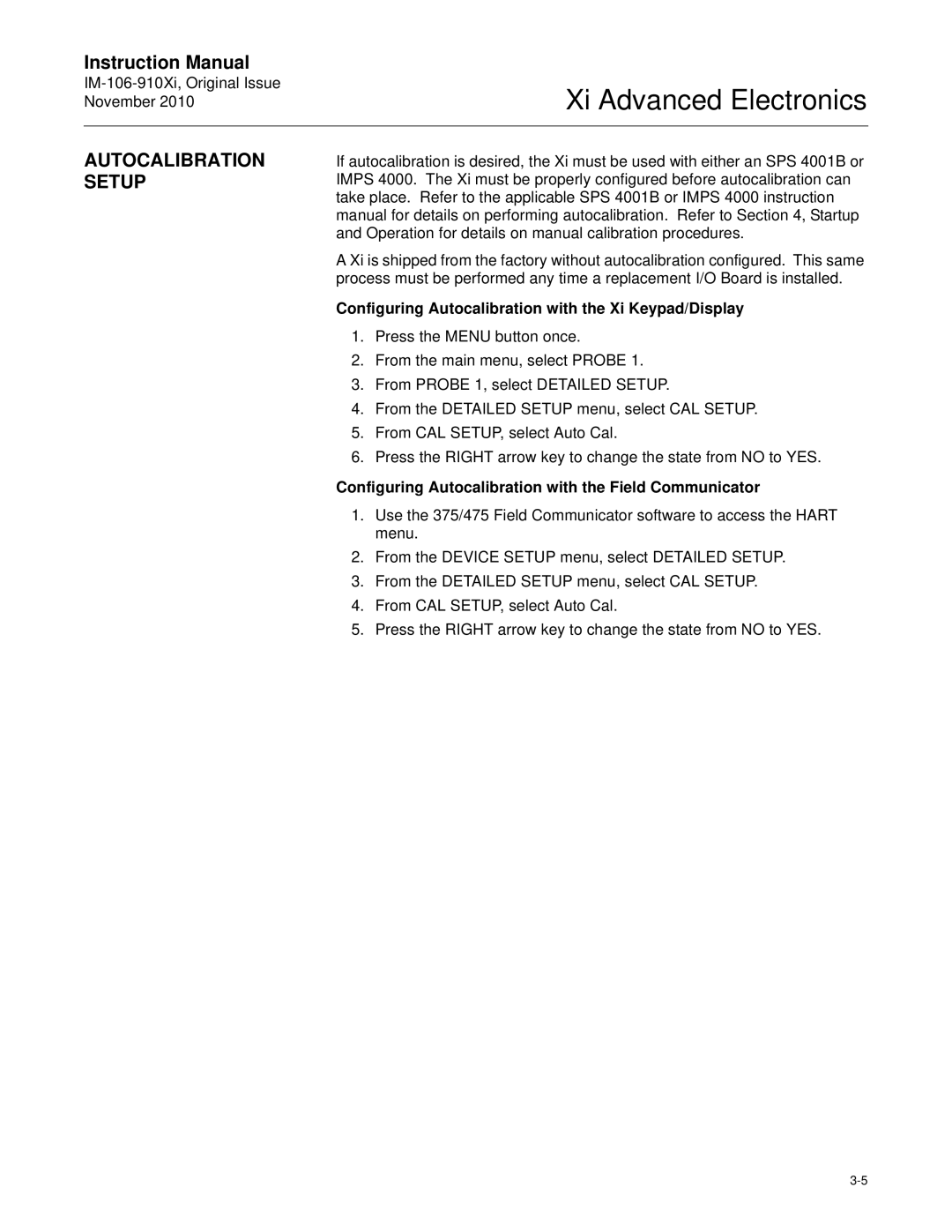 Emerson Process Management IM-106-910Xi Autocalibration Setup, Configuring Autocalibration with the Xi Keypad/Display 