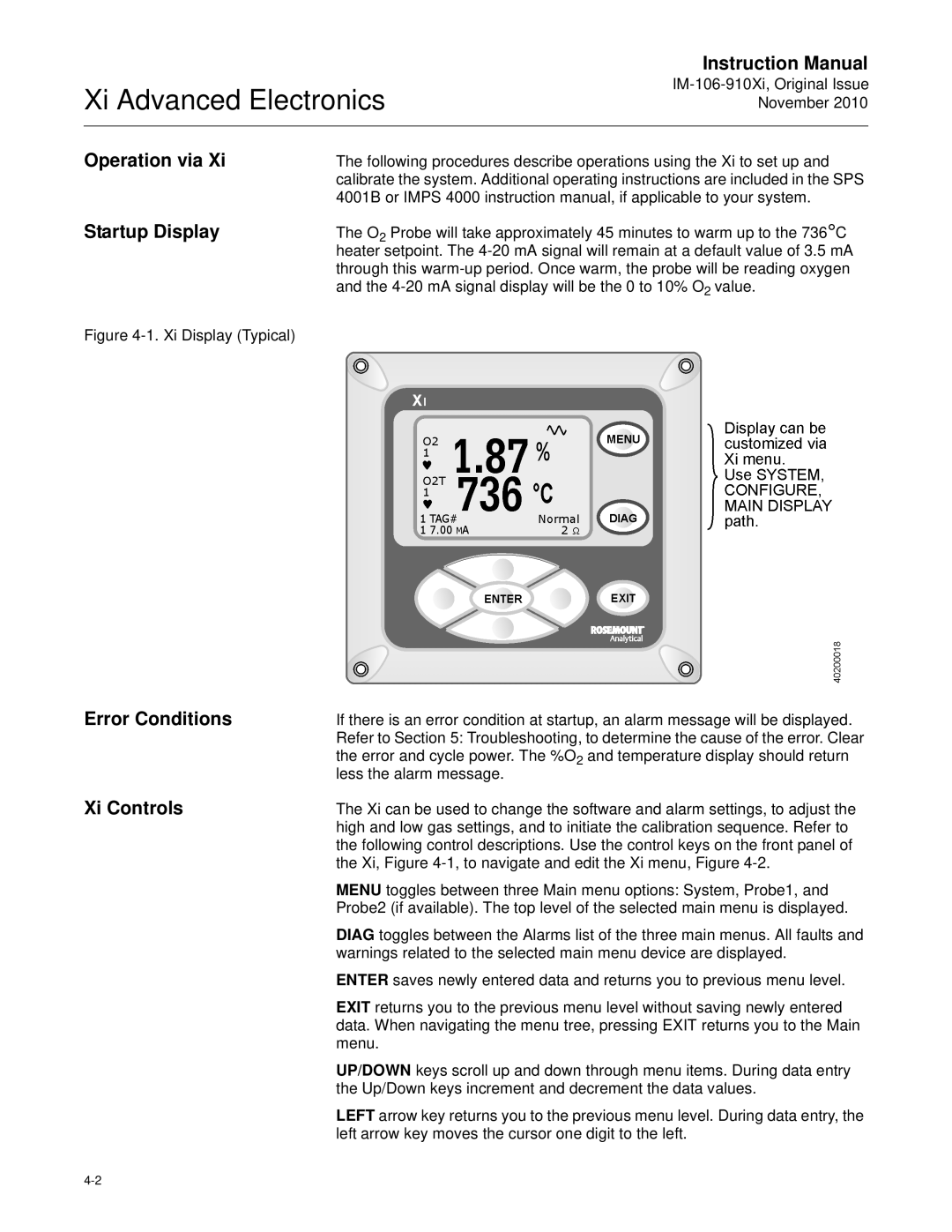 Emerson Process Management IM-106-910Xi instruction manual Operation via Startup Display, Error Conditions Xi Controls 