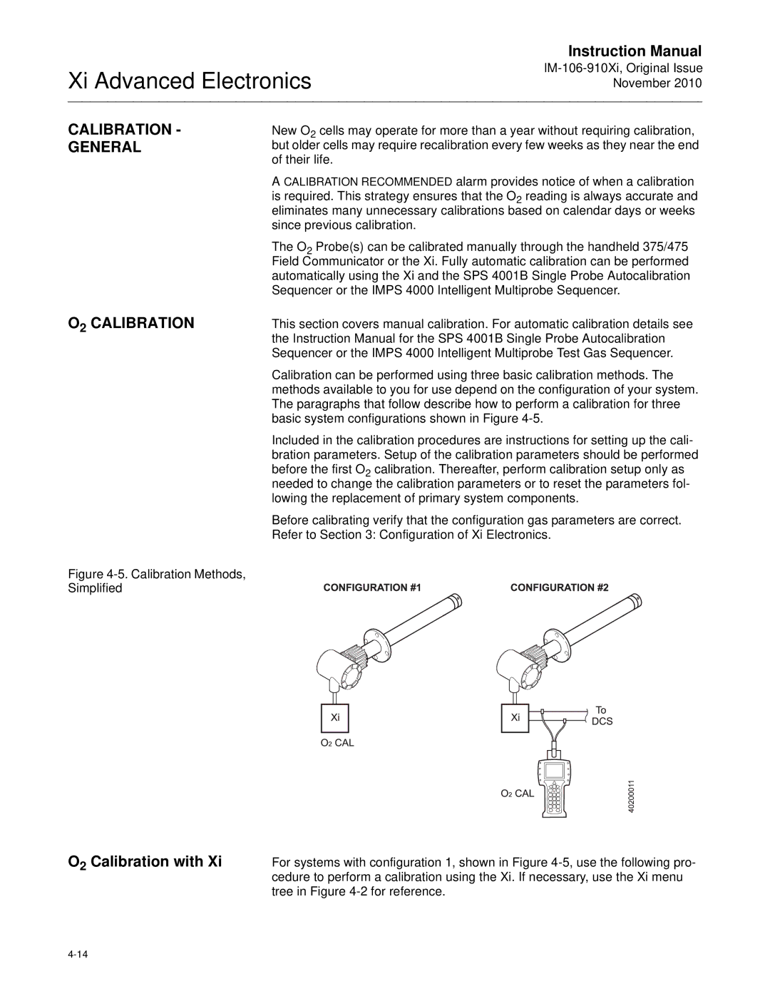 Emerson Process Management IM-106-910Xi instruction manual Calibration General O2 Calibration, O2 Calibration with 