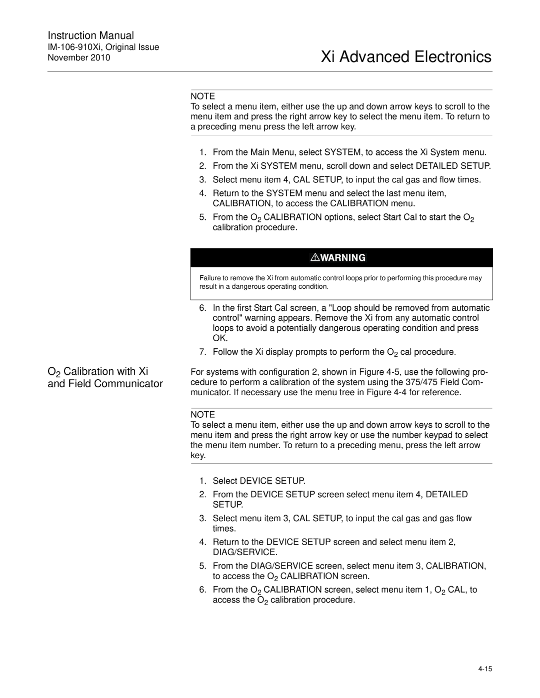 Emerson Process Management IM-106-910Xi instruction manual O2 Calibration with Xi and Field Communicator, Diag/Service 