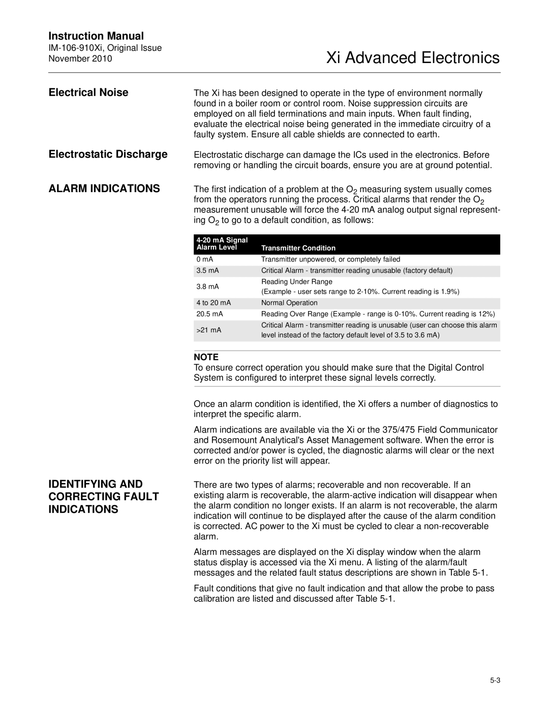 Emerson Process Management IM-106-910Xi instruction manual Electrical Noise, Electrostatic Discharge, Alarm Indications 