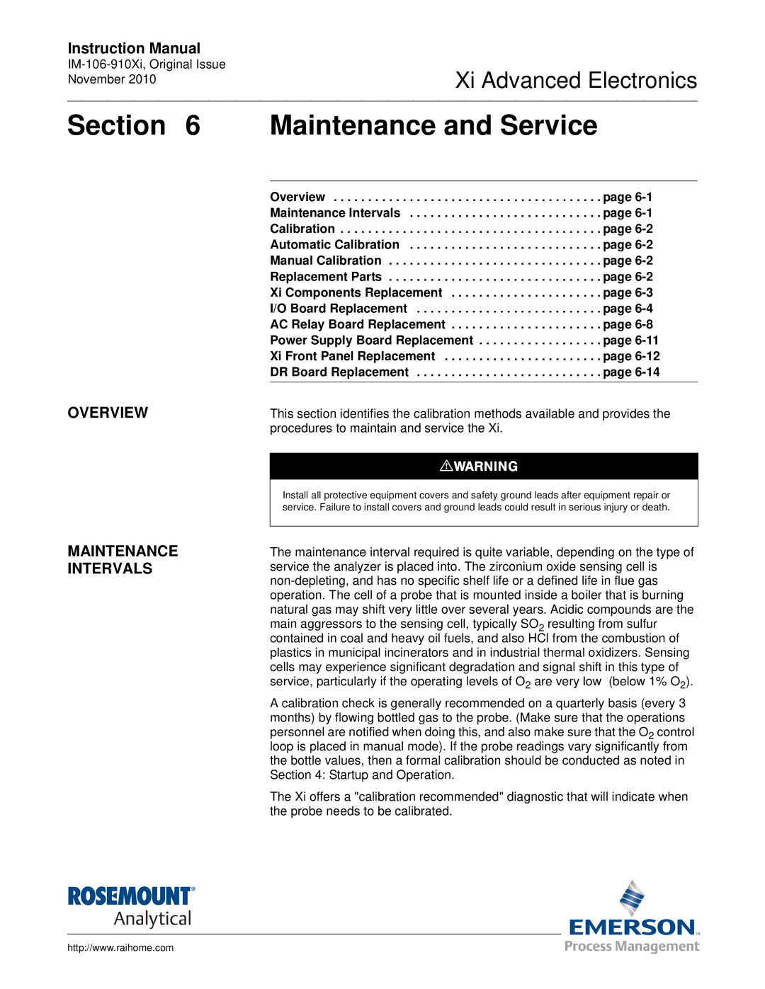 Emerson Process Management IM-106-910Xi instruction manual Maintenance and Service, Overview Maintenance Intervals 