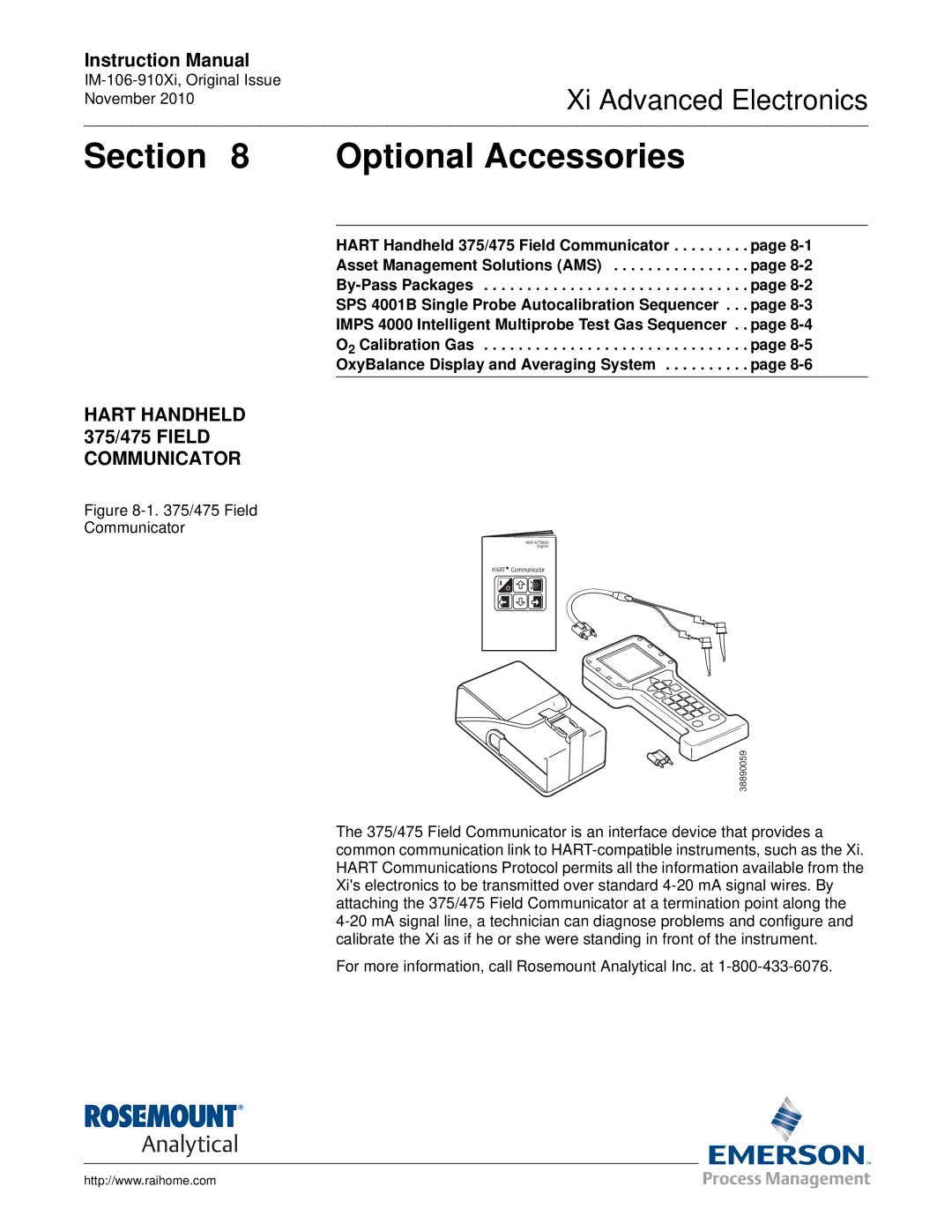 Emerson Process Management IM-106-910Xi instruction manual Optional Accessories, Hart Handheld 375/475 Field Communicator 