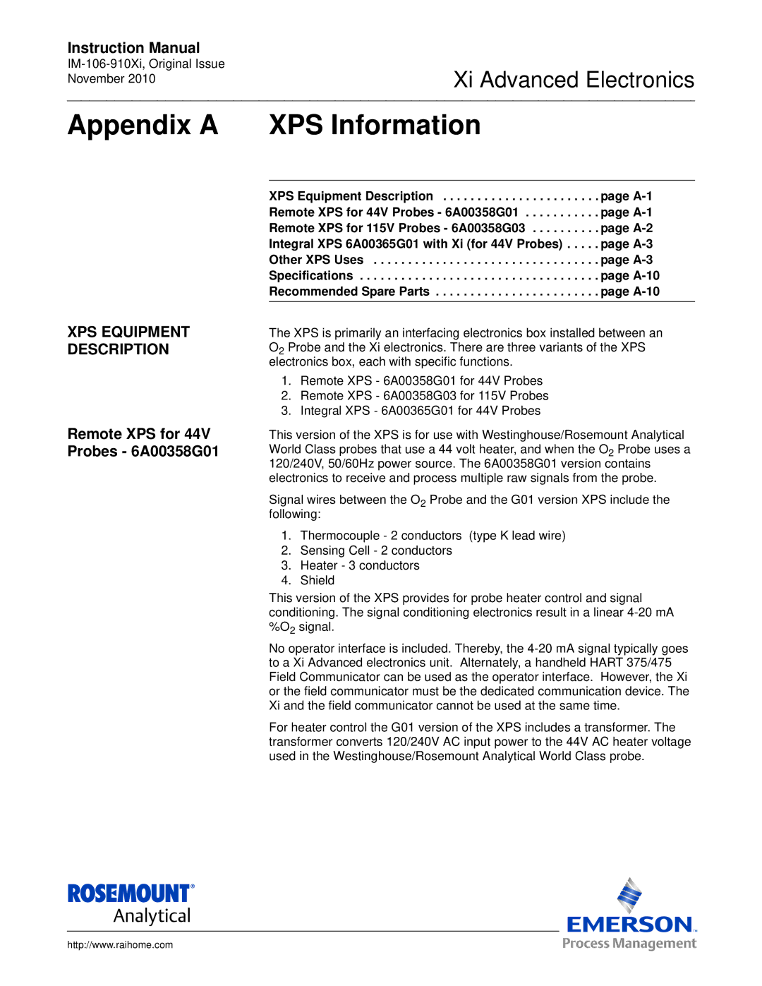 Emerson Process Management IM-106-910Xi instruction manual Appendix a XPS Information, XPS Equipment Description 