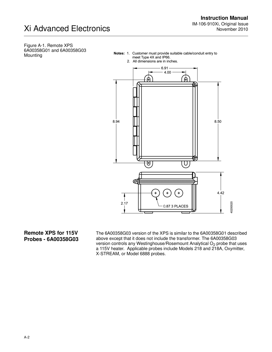 Emerson Process Management IM-106-910Xi instruction manual Remote XPS for 115V Probes 6A00358G03 