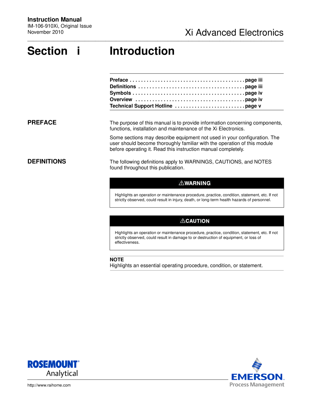 Emerson Process Management IM-106-910Xi instruction manual Section Introduction, Preface Definitions 