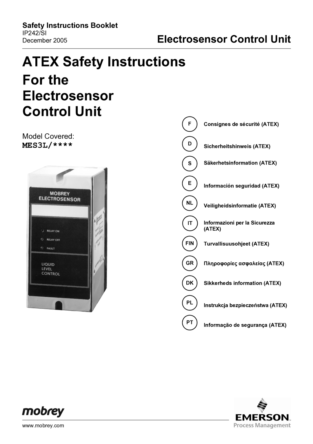 Emerson Process Management MES3L manual Atex Safety Instructions For Electrosensor Control Unit 