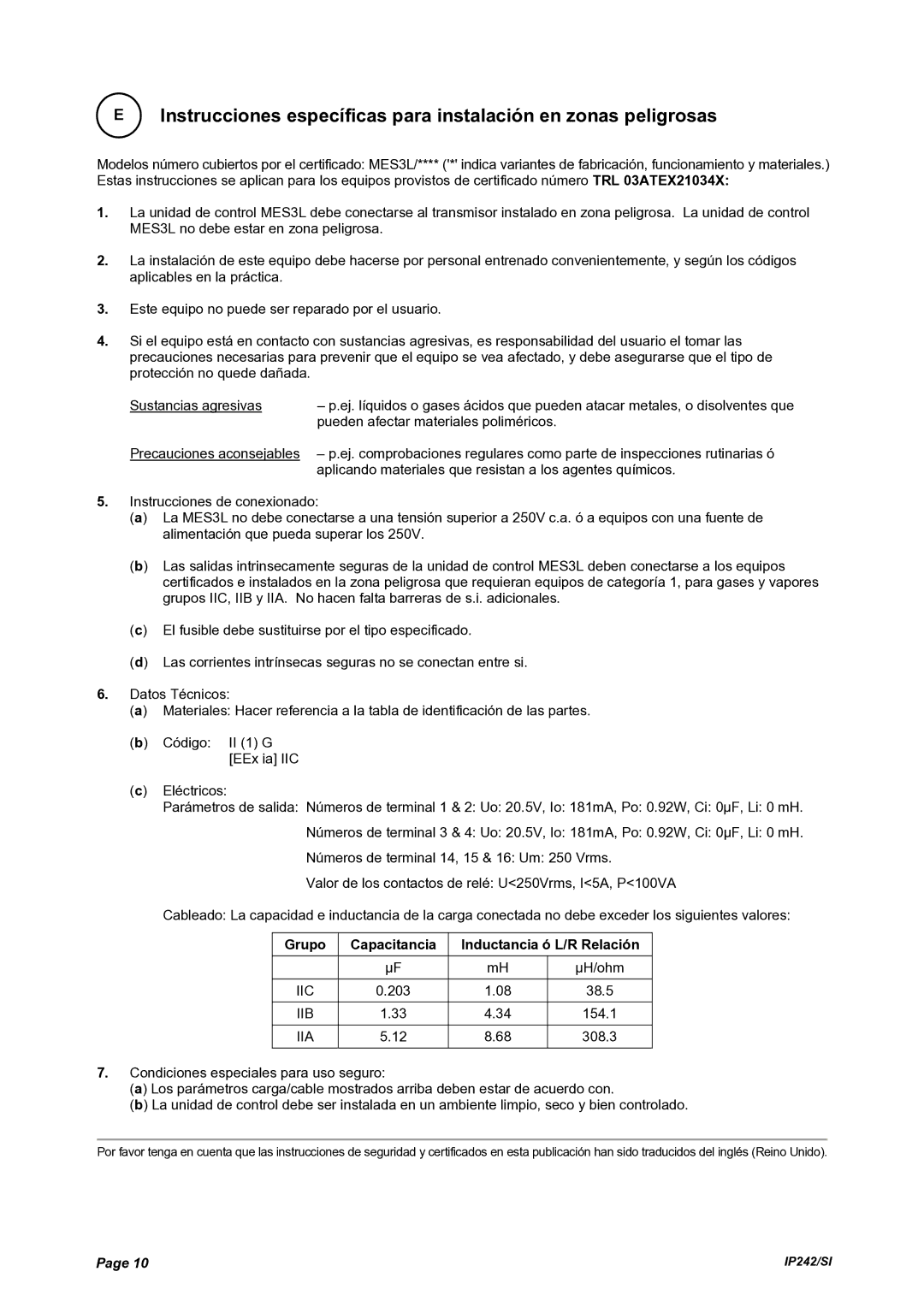 Emerson Process Management MES3L manual Grupo Capacitancia Inductancia ó L/R Relación 