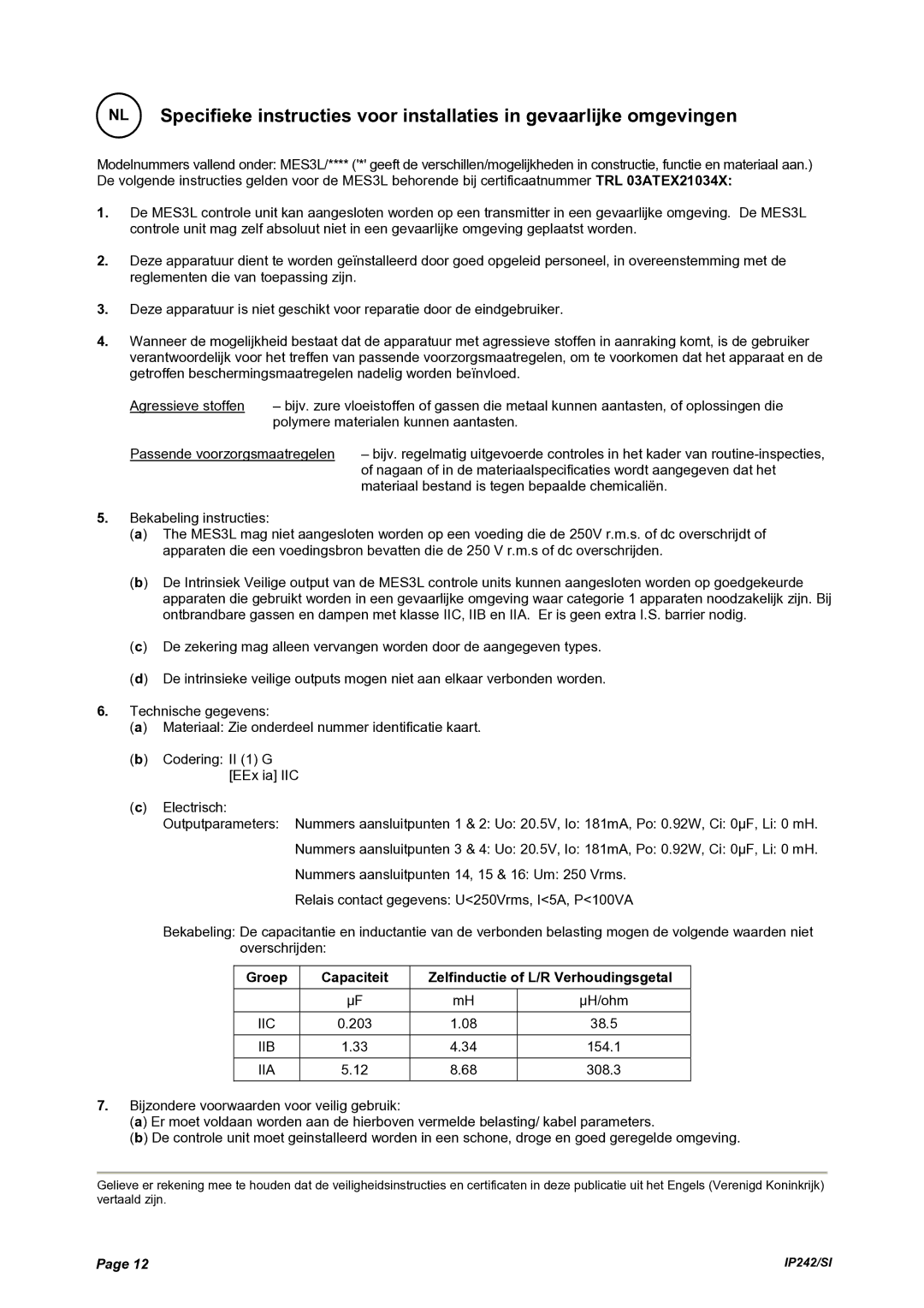 Emerson Process Management MES3L manual Groep Capaciteit Zelfinductie of L/R Verhoudingsgetal 