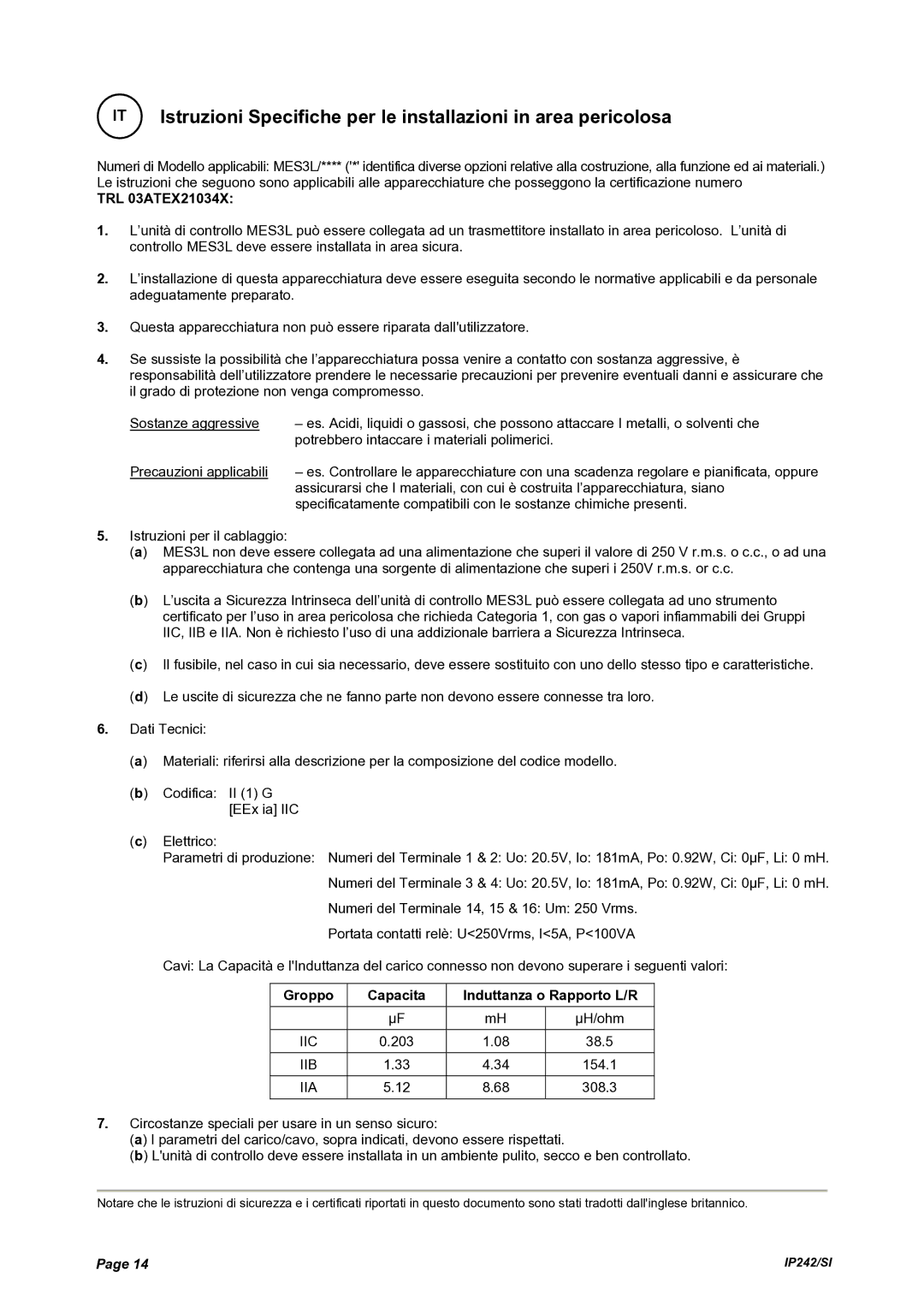 Emerson Process Management MES3L manual TRL 03ATEX21034X, Groppo Capacita Induttanza o Rapporto L/R 