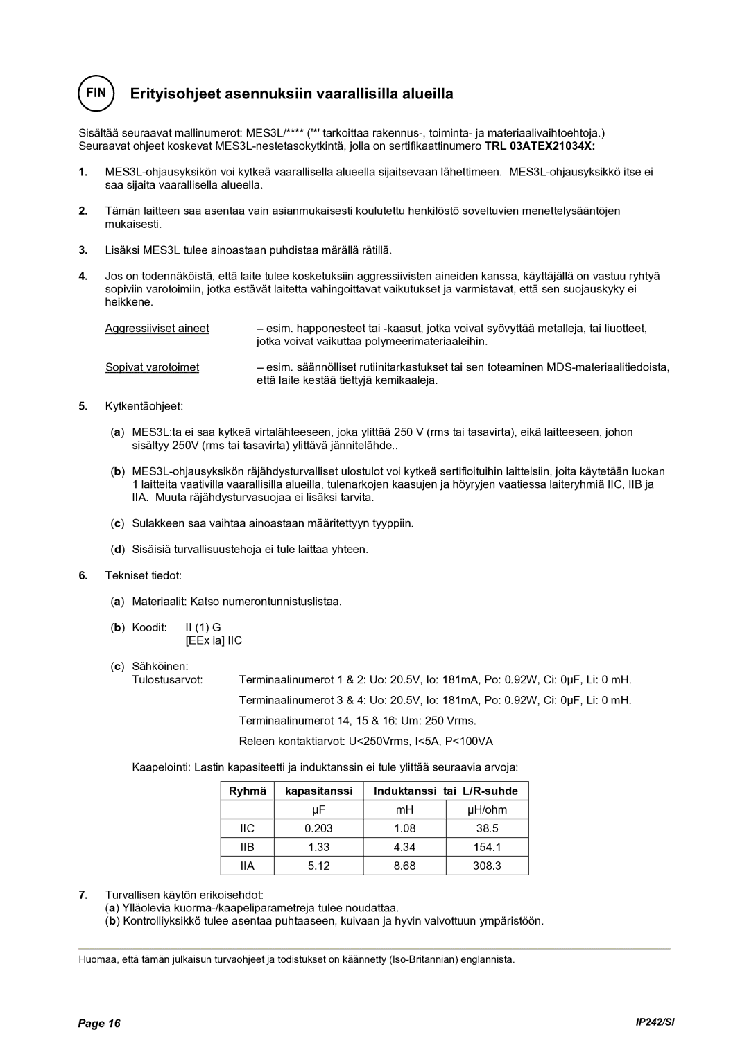 Emerson Process Management MES3L manual FIN Erityisohjeet asennuksiin vaarallisilla alueilla 