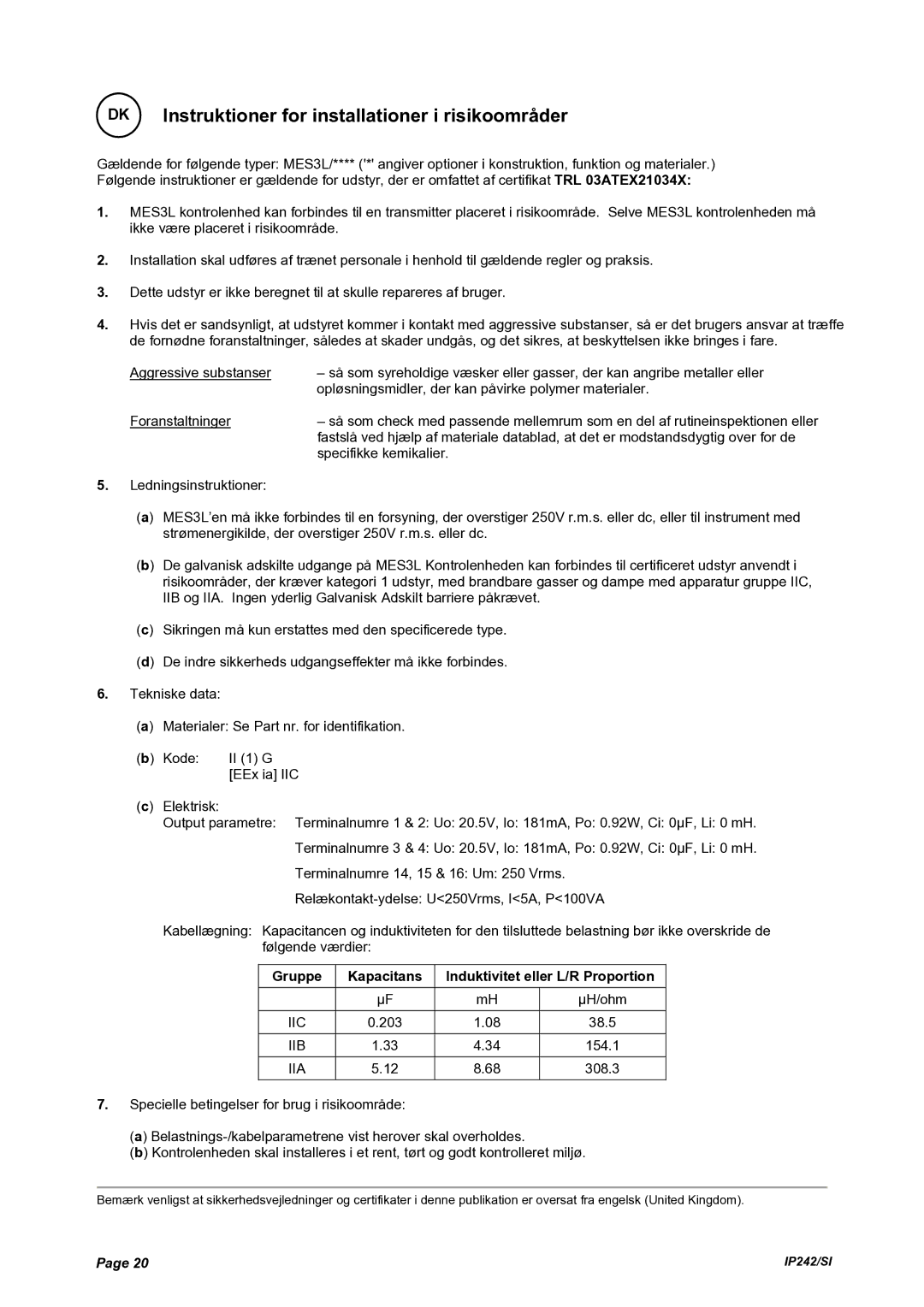 Emerson Process Management MES3L manual Instruktioner for installationer i risikoområder 