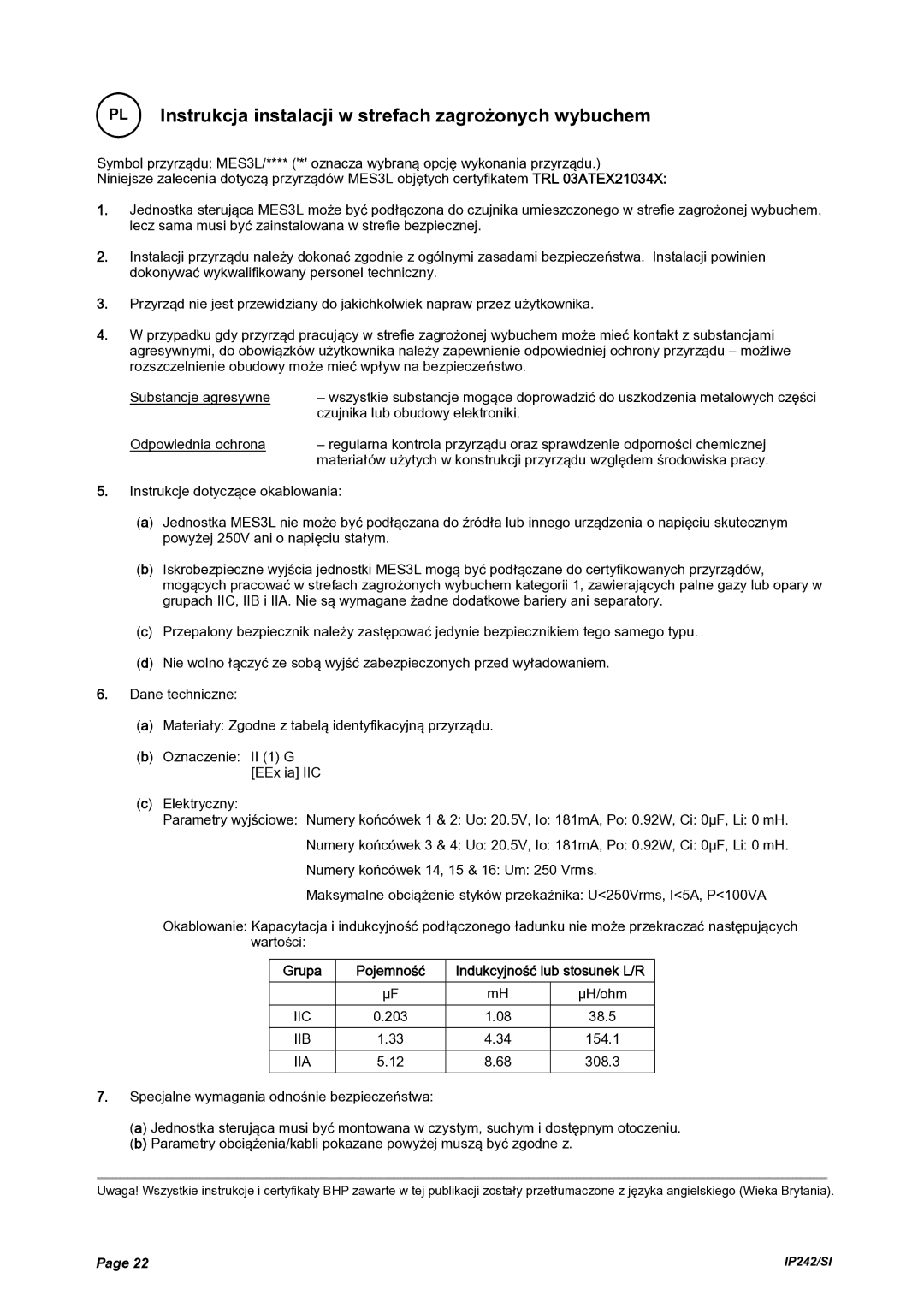 Emerson Process Management MES3L manual PL Instrukcja instalacji w strefach zagrożonych wybuchem, Grupa Pojemność 