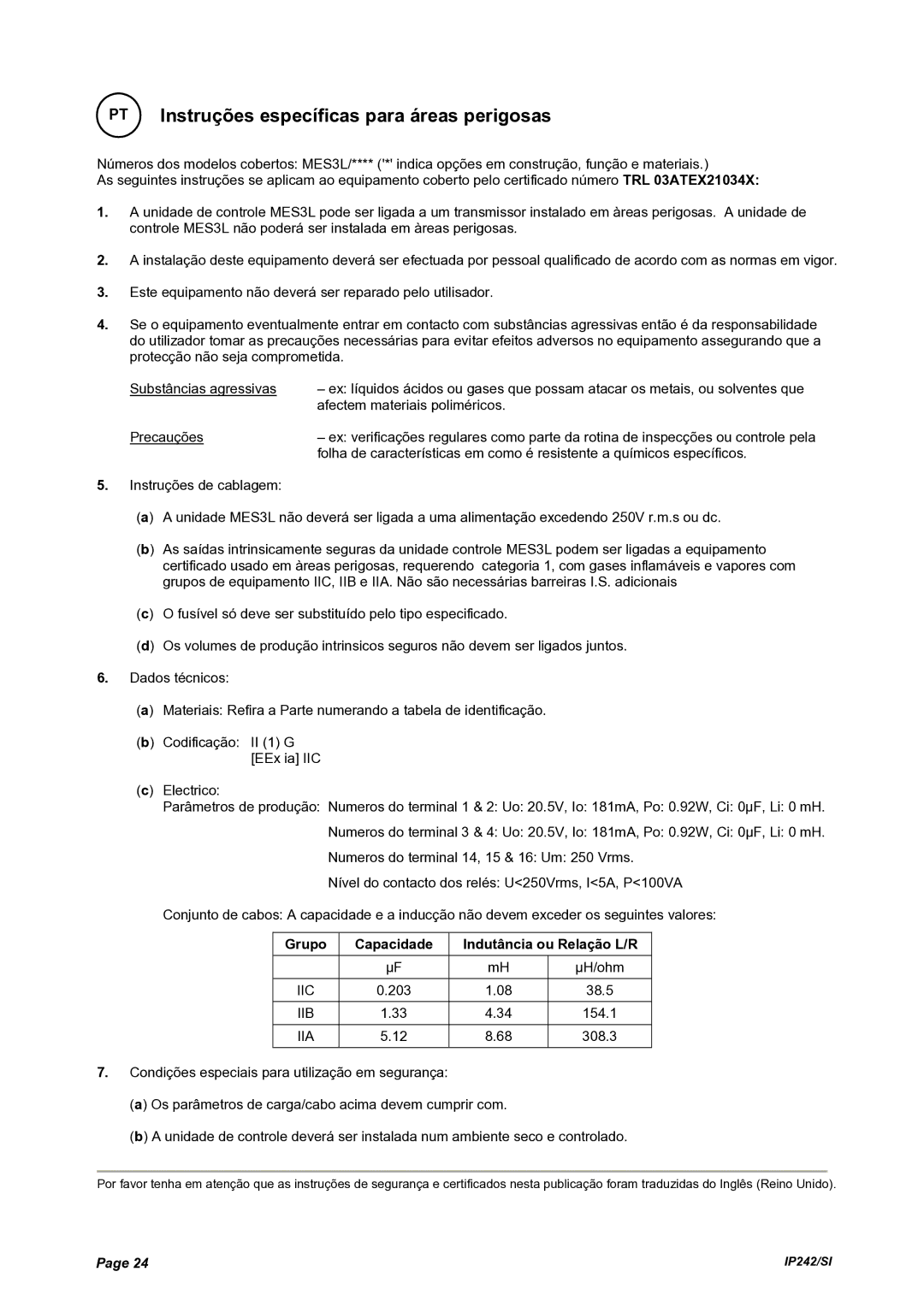 Emerson Process Management MES3L Instruções específicas para áreas perigosas, Grupo Capacidade Indutância ou Relação L/R 