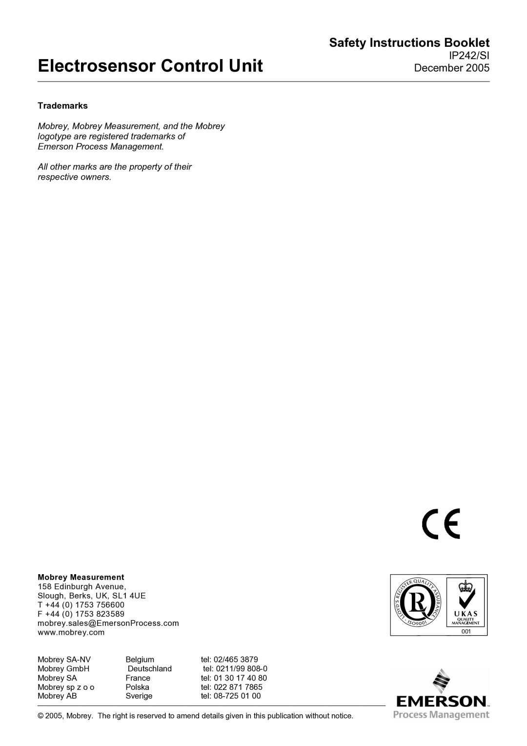 Emerson Process Management MES3L manual Trademarks, Mobrey Measurement 