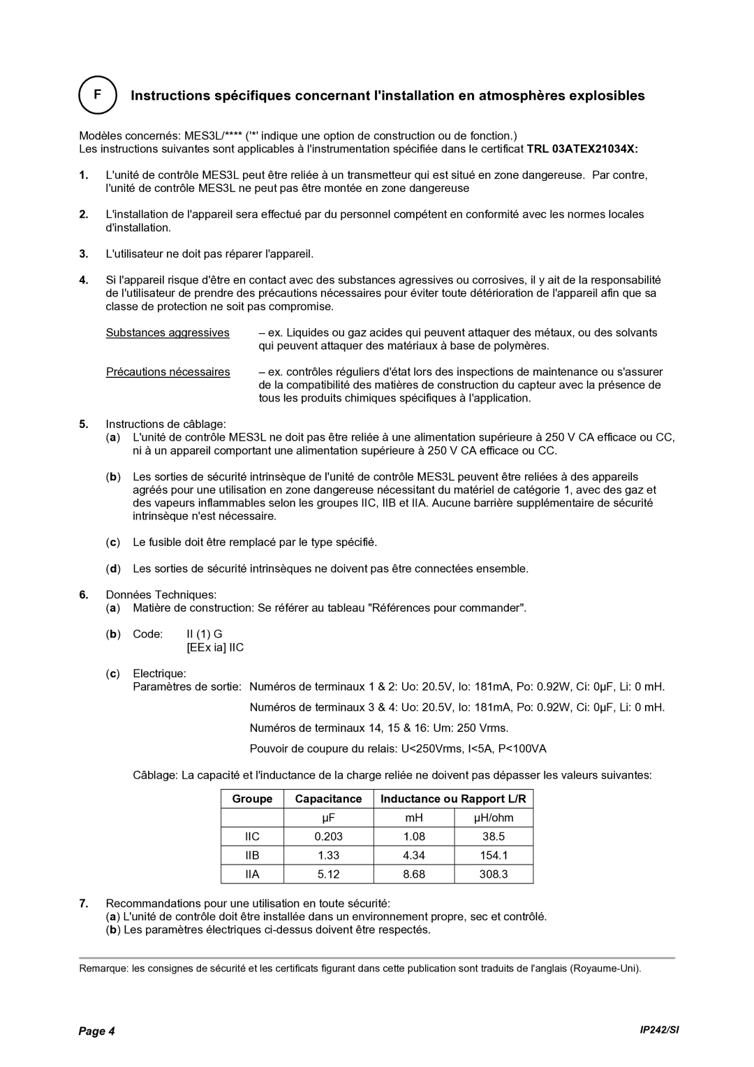 Emerson Process Management MES3L manual Précautions nécessaires, Groupe Capacitance Inductance ou Rapport L/R 