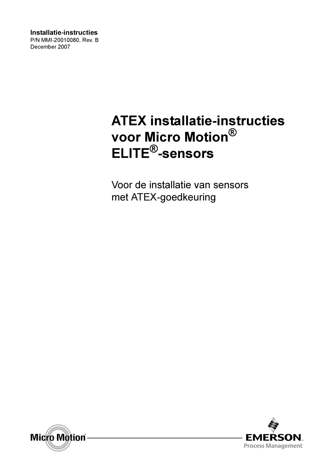 Emerson Process Management MMI-20010080 manual Atex installatie-instructies voor Micro Motion ELITE-sensors 