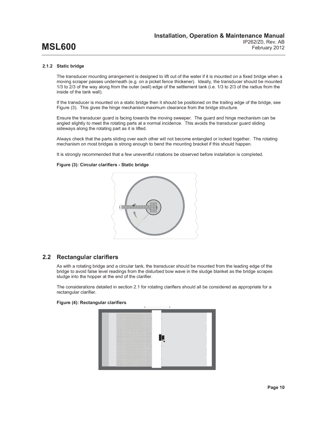 Emerson Process Management MSL600 manual Rectangular clarifiers, Static bridge 