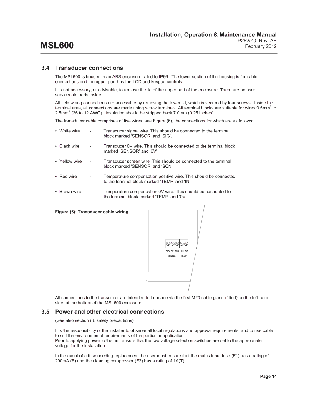 Emerson Process Management MSL600 manual Transducer connections, Power and other electrical connections 