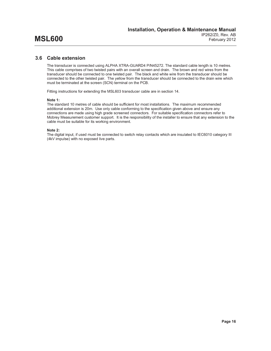 Emerson Process Management MSL600 manual Cable extension 