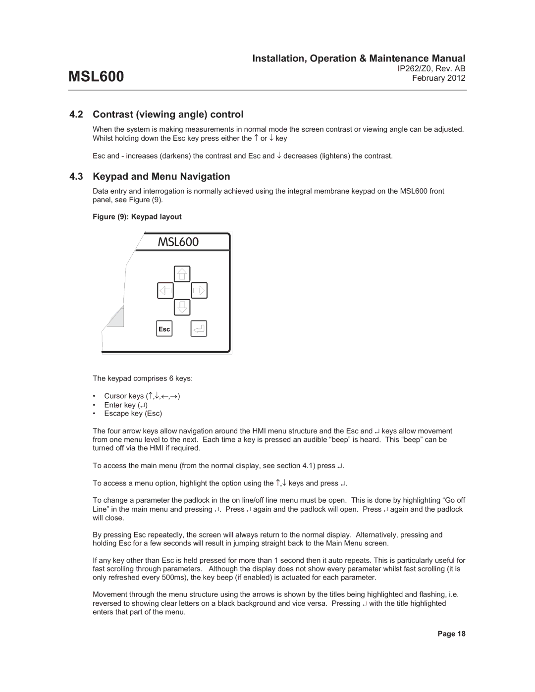 Emerson Process Management MSL600 manual Contrast viewing angle control, Keypad and Menu Navigation 