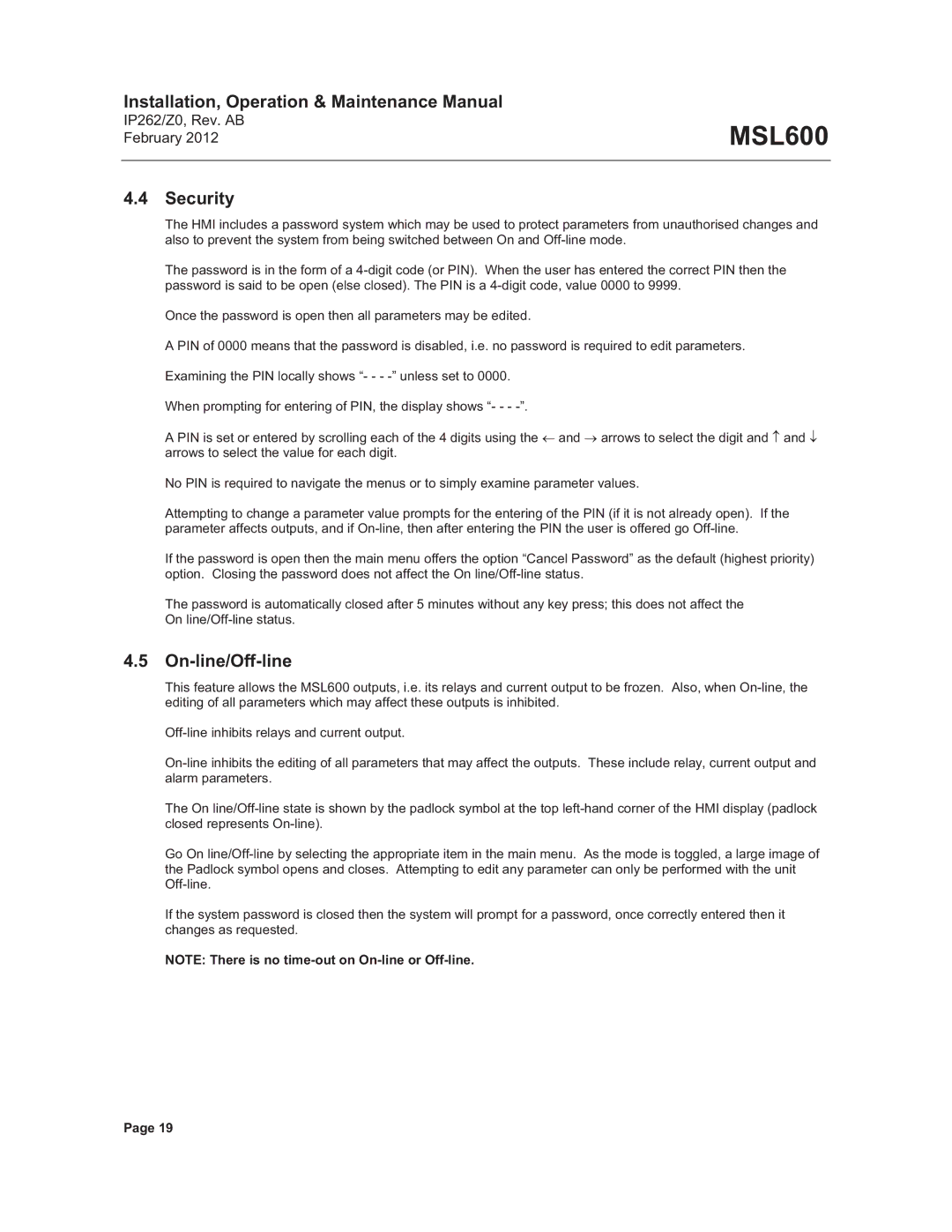 Emerson Process Management MSL600 manual Security, On-line/Off-line 