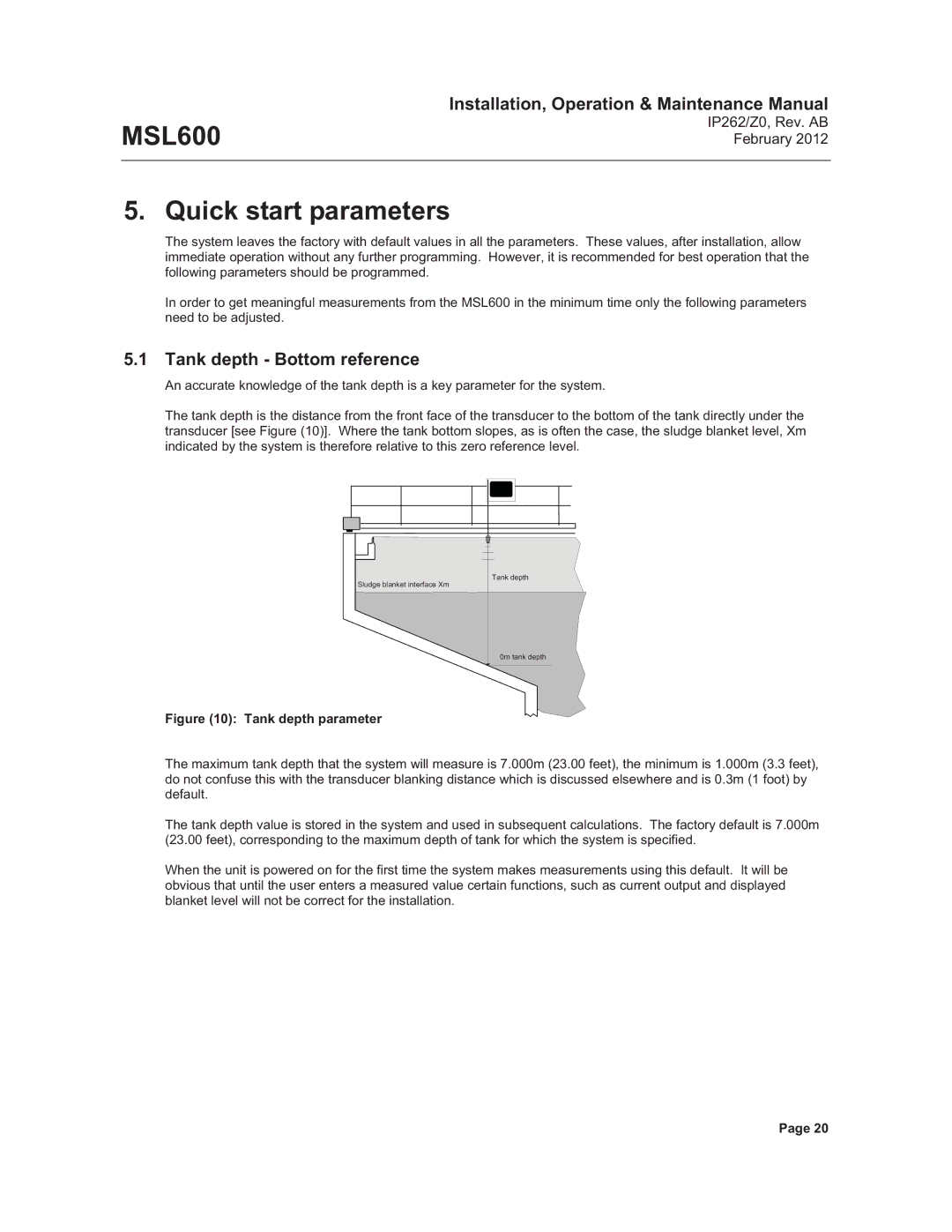 Emerson Process Management MSL600 manual Quick start parameters, Tank depth Bottom reference 