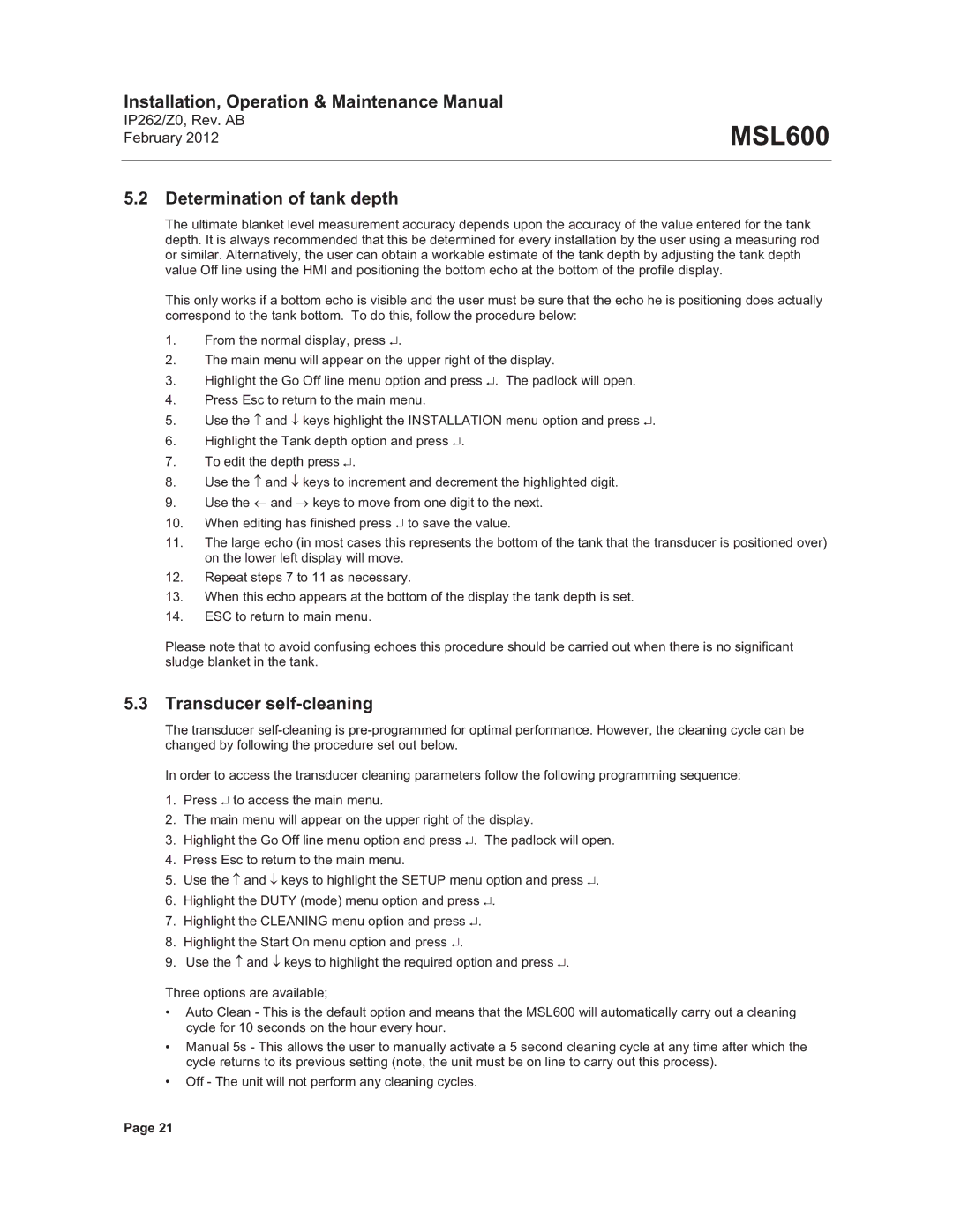 Emerson Process Management MSL600 manual Determination of tank depth, Transducer self-cleaning 