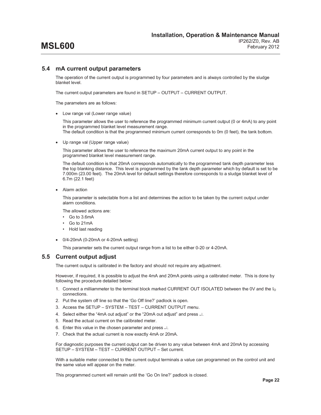 Emerson Process Management MSL600 manual MA current output parameters, Current output adjust 