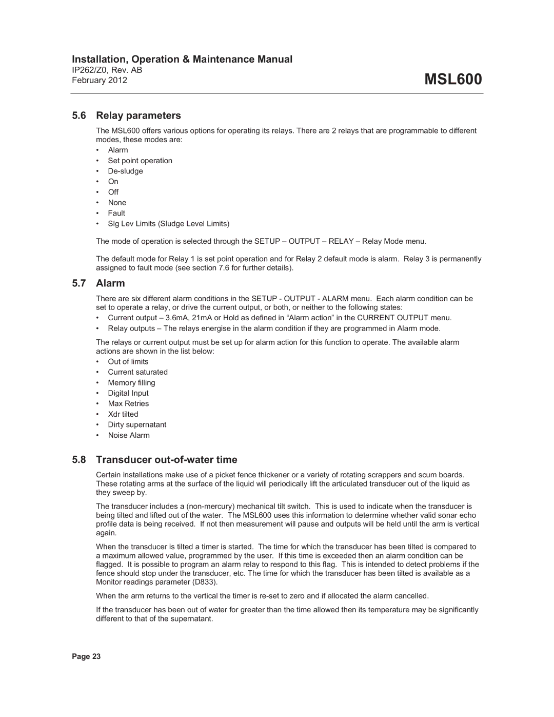 Emerson Process Management MSL600 manual Relay parameters, Alarm, Transducer out-of-water time 