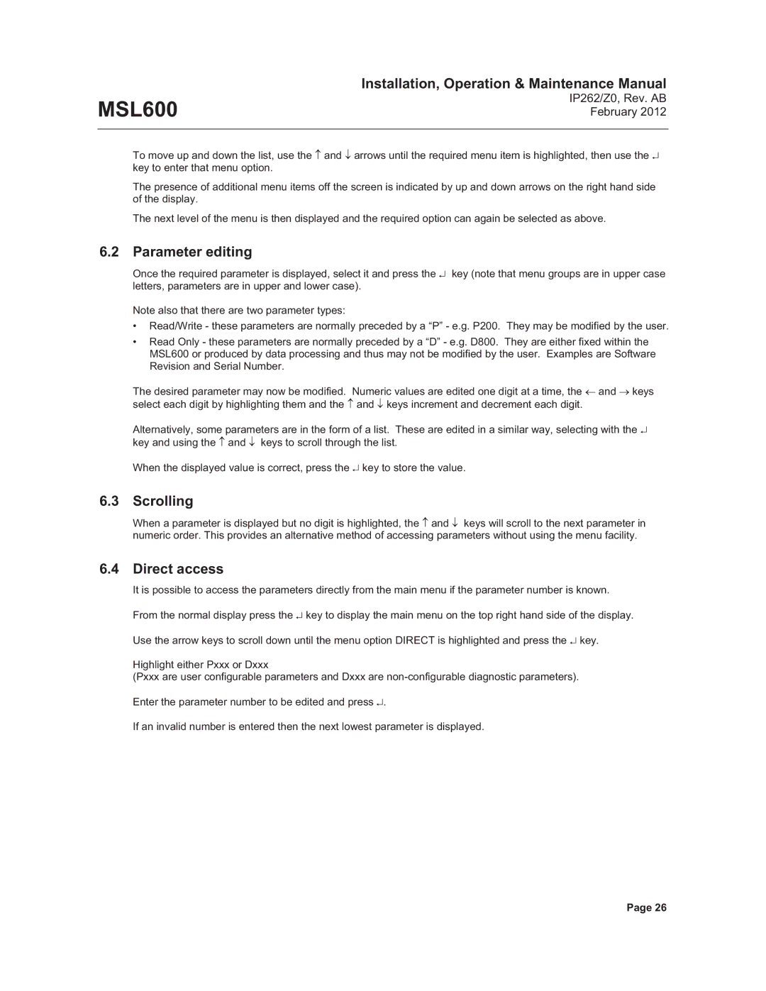 Emerson Process Management MSL600 manual Parameter editing, Scrolling, Direct access 