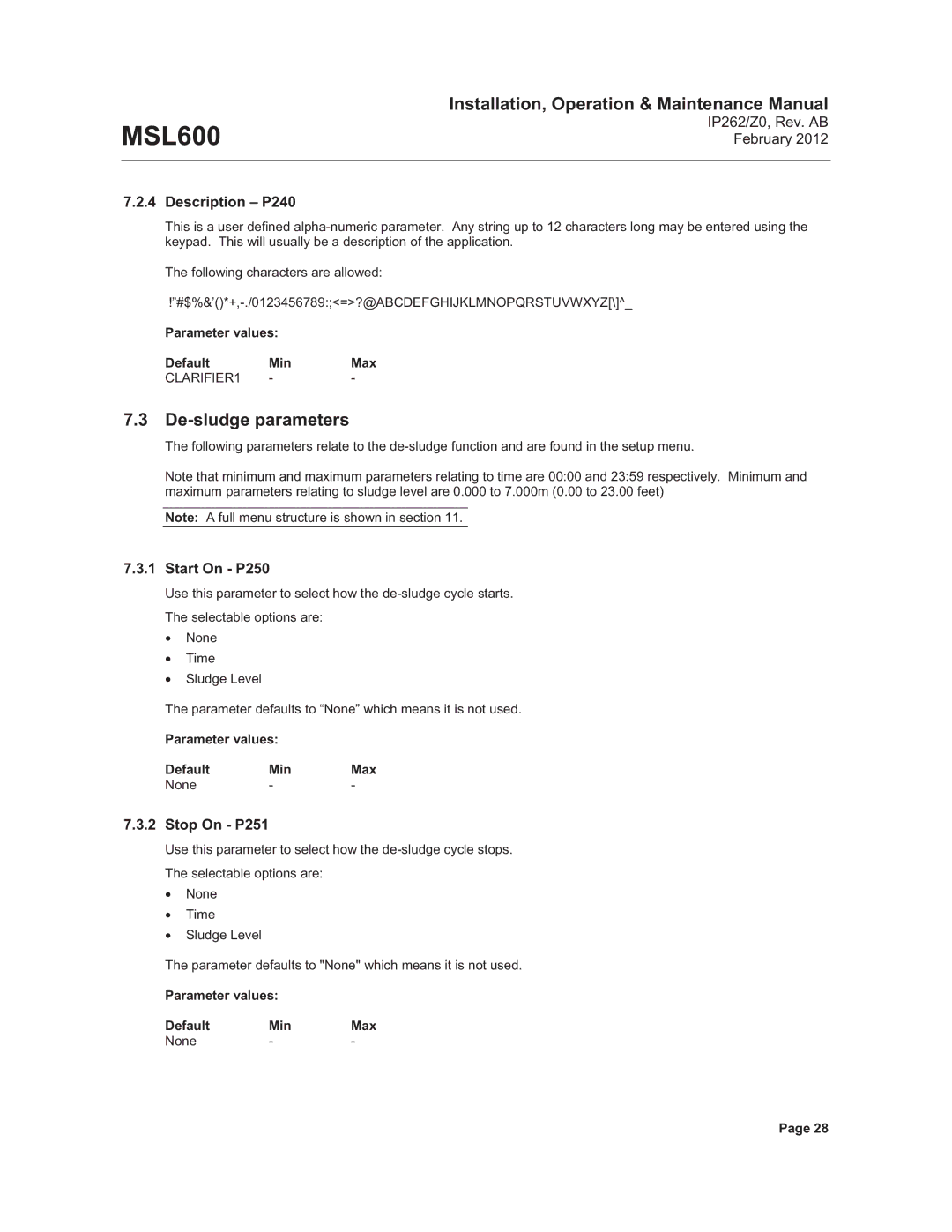 Emerson Process Management MSL600 manual De-sludge parameters, Description P240, Start On P250, Stop On P251 