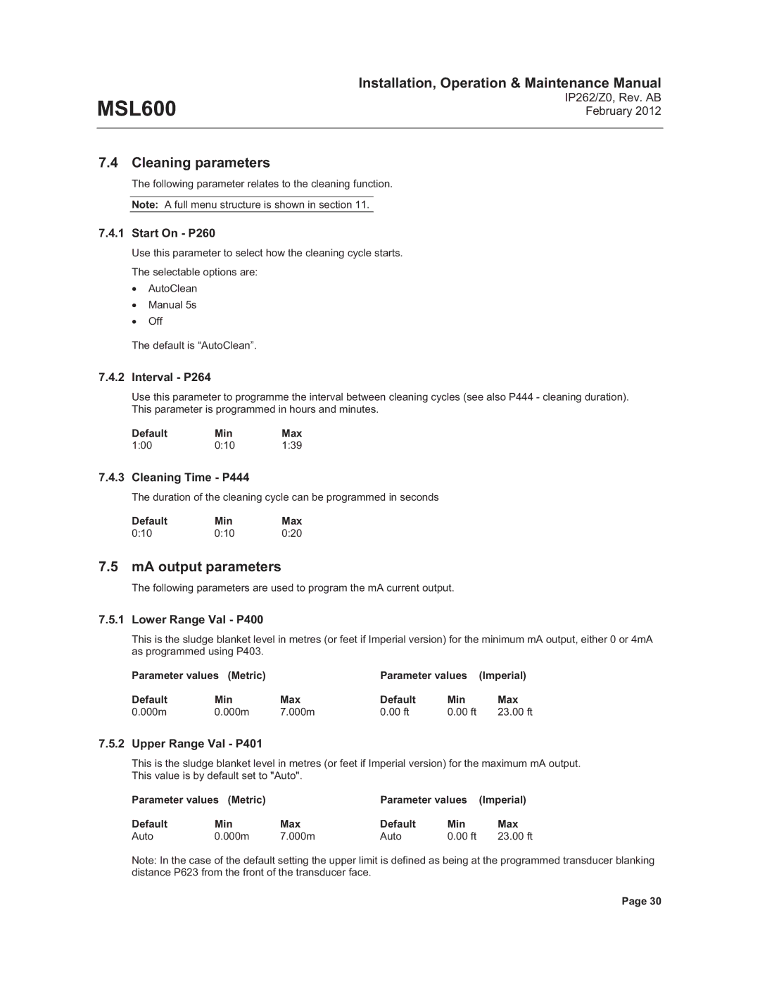 Emerson Process Management MSL600 manual Cleaning parameters, MA output parameters 