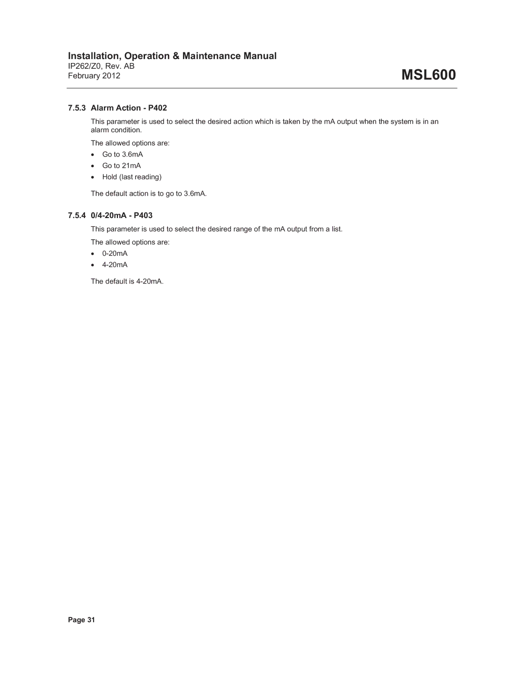 Emerson Process Management MSL600 manual Alarm Action P402, 4 0/4-20mA P403 