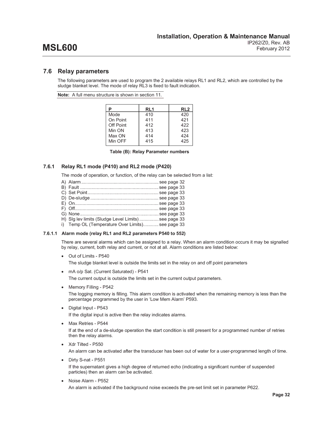 Emerson Process Management MSL600 manual Relay RL1 mode P410 and RL2 mode P420, Table B Relay Parameter numbers 