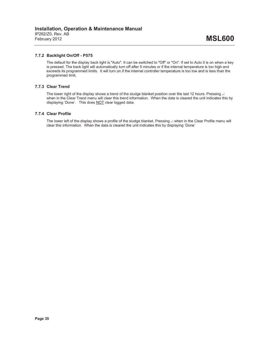 Emerson Process Management MSL600 manual Backlight On/Off P575, Clear Trend, Clear Profile 